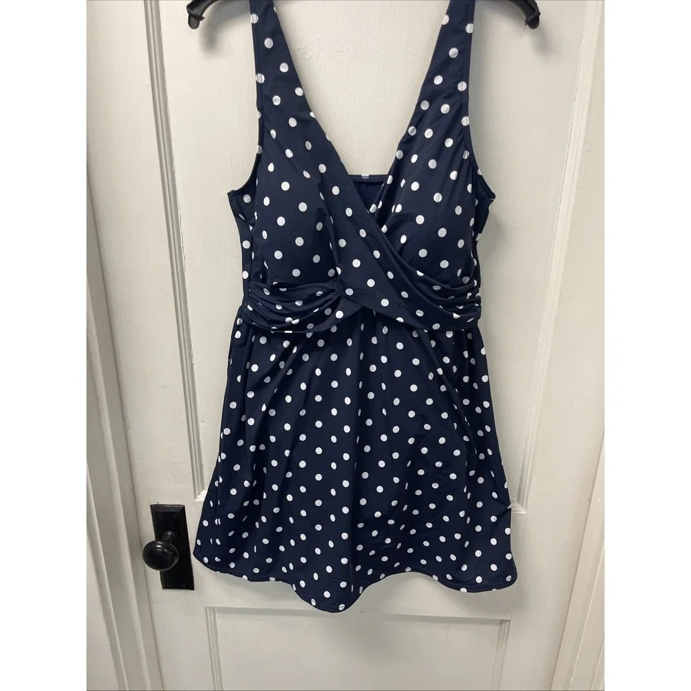 Lands' End Swim Dress Women 14 Polka Dot Twist Front V-Neck Modest One Piece